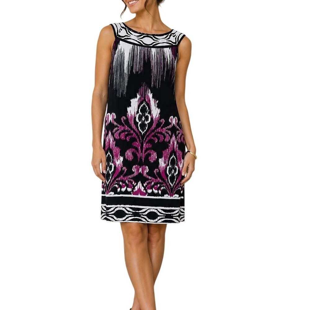 Adrianna Papell Black White Women Sheath Dress 14 Purple Abstract Damask Print